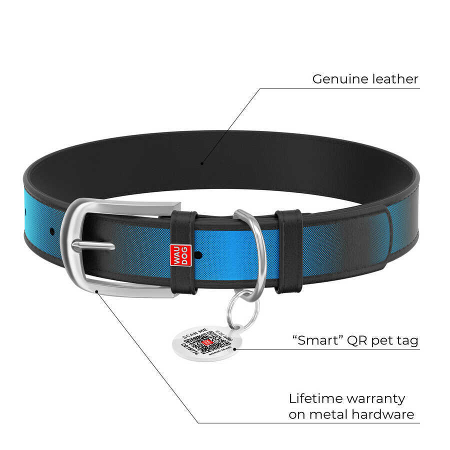 0013-1008-01 WAUDOG Design genuine leather dog collar with QR passport, "Superman2" design, W 12 mm, L 20-28 cm black