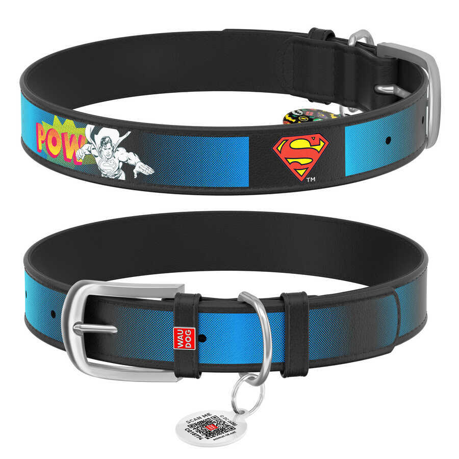 0013-1008-01 WAUDOG Design genuine leather dog collar with QR passport, "Superman2" design, W 12 mm, L 20-28 cm black