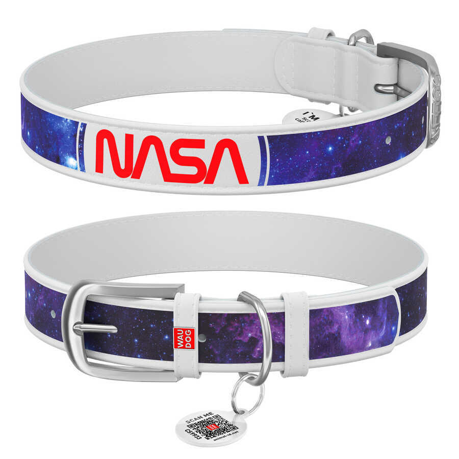 3606-0148-15 WAUDOG Design genuine leather dog collar with QR passport, "NASA21" design, L, W 35 mm L 46-60 cm white