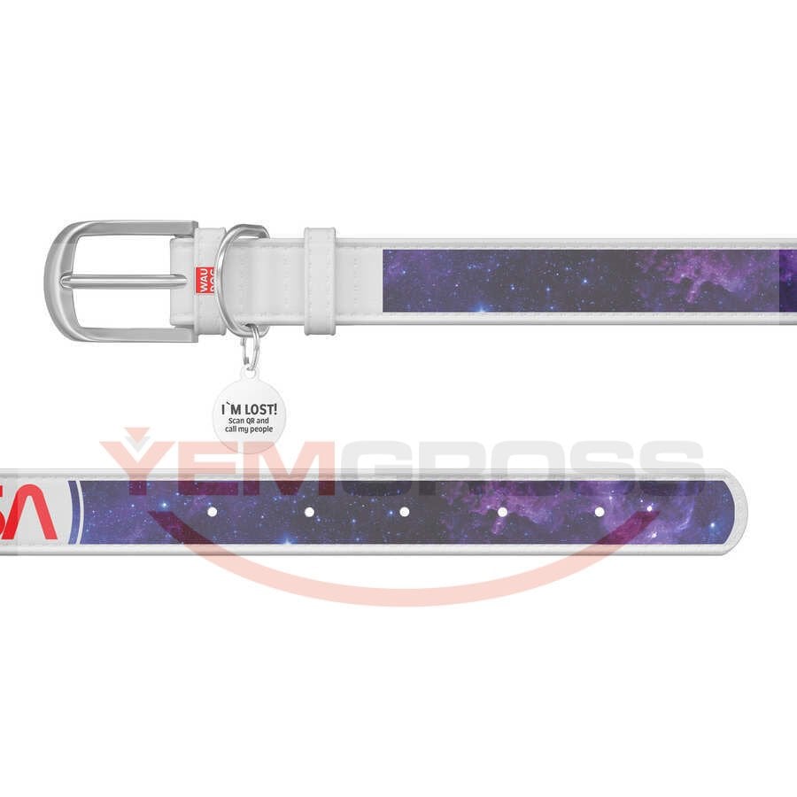 3606-0148-15 WAUDOG Design genuine leather dog collar with QR passport, "NASA21" design, L, W 35 mm L 46-60 cm white