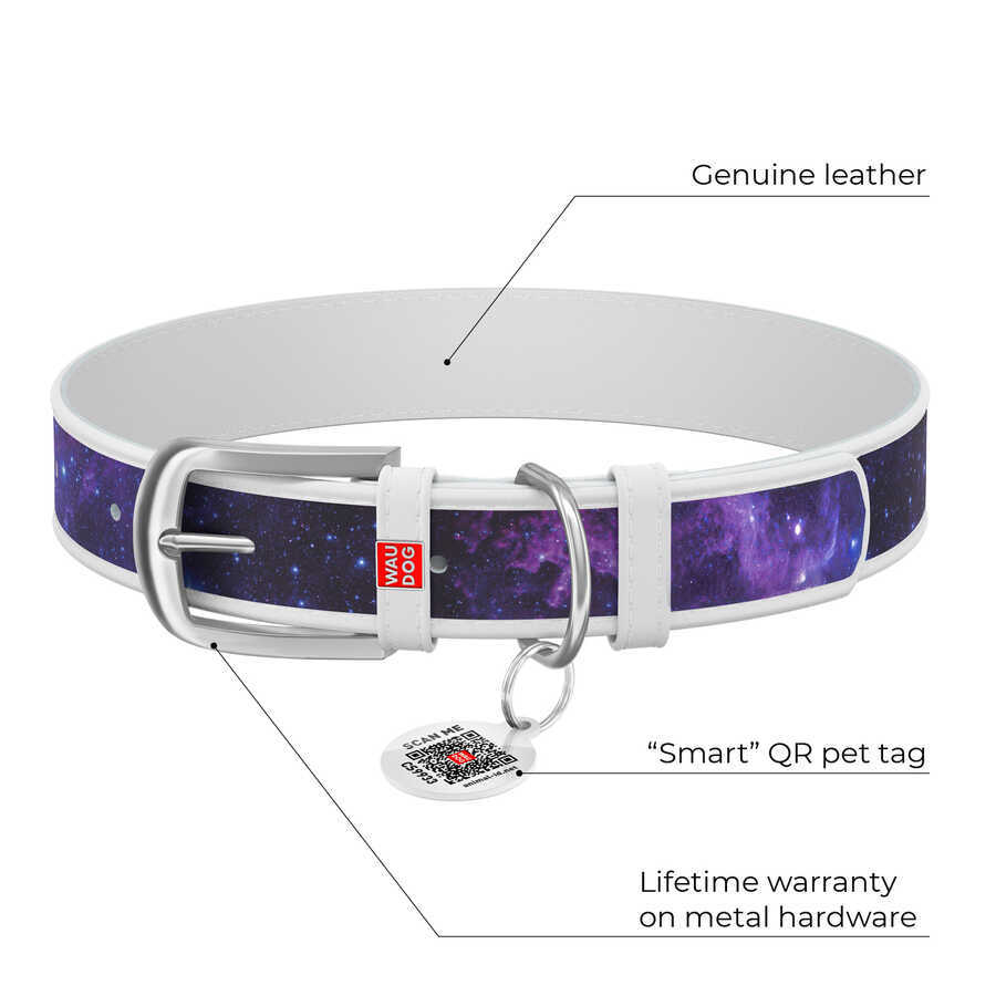 3606-0148-15 WAUDOG Design genuine leather dog collar with QR passport, "NASA21" design, L, W 35 mm L 46-60 cm white