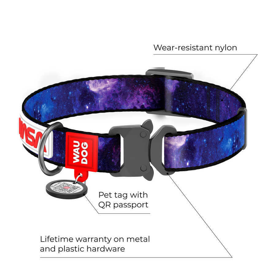 4505-0148 WAUDOG Nylon dog collar with QR-passport, "NASA21" design, metal fastex, XS, W 15 mm, L 23-35 cm