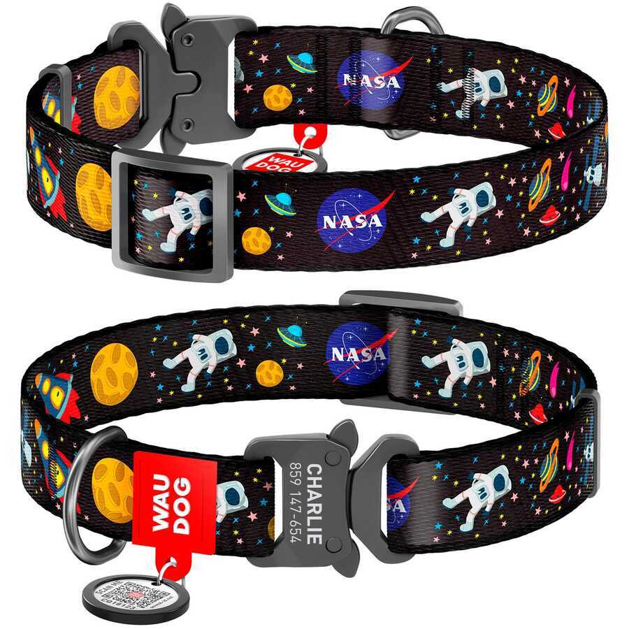 5120-WAUDOG Nylon dog collar with QR passport, "NASA" design, metal fastex, W 20 mm, L 24-40 cm