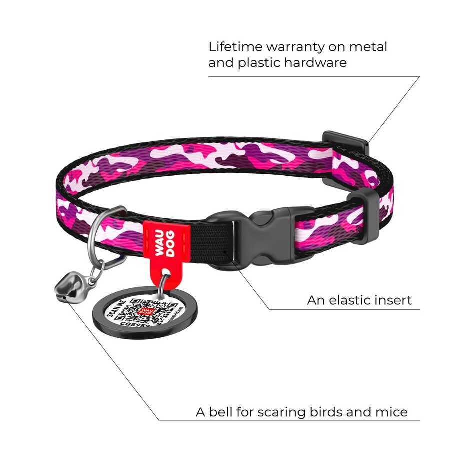 5273-WAUDOG Nylon cat collar with QR passport, "Pink camo" design, plastic fastex, W 10 mm, L 20-30 cm