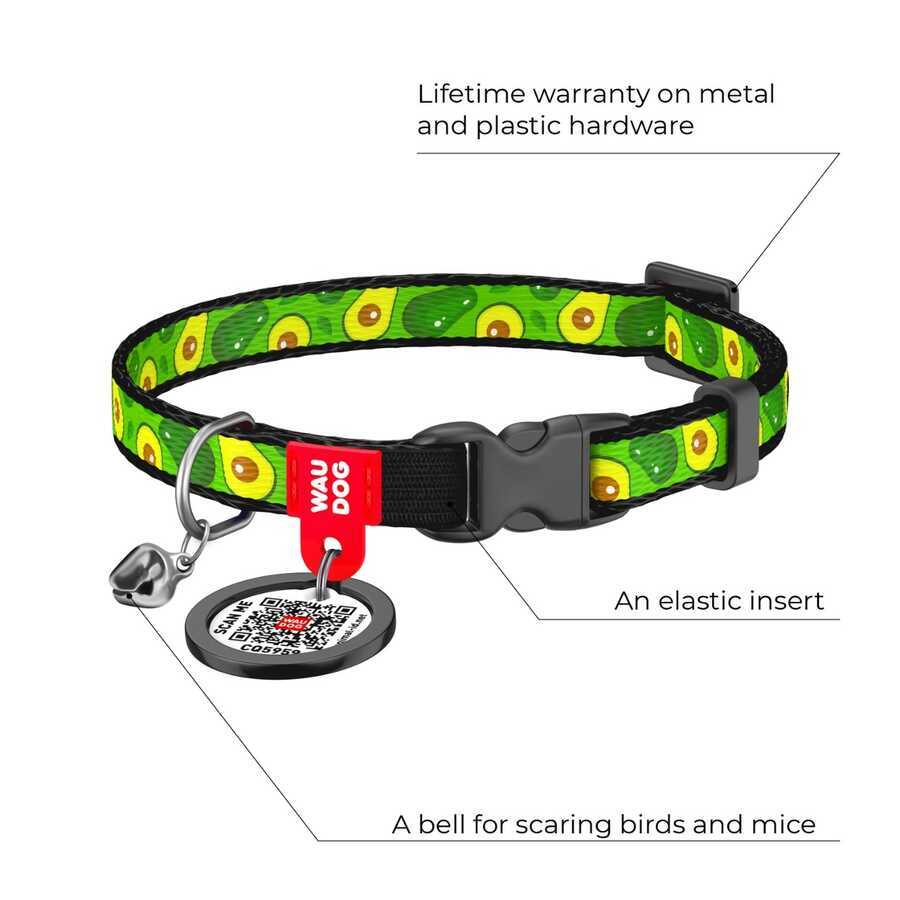 5280-WAUDOG Nylon cat collar with QR passport, "Avocado" design, plastic fastex, W 10 mm, L 20- 30 cm