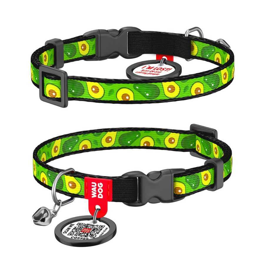 5280-WAUDOG Nylon cat collar with QR passport, "Avocado" design, plastic fastex, W 10 mm, L 20- 30 cm