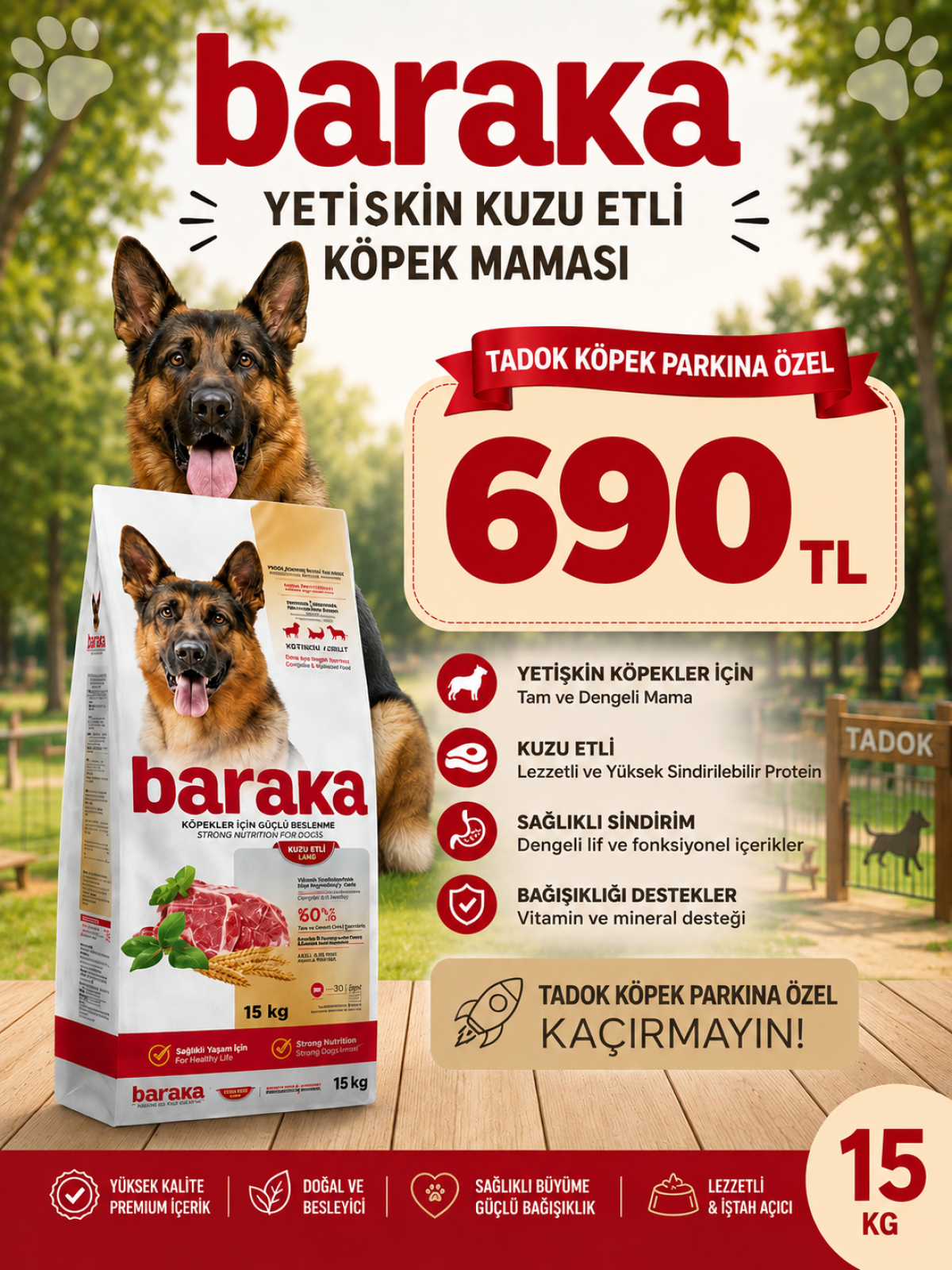 BARAKA YETİŞKİN KUZU ETLİ KÖPEK MAMASI 15 KG