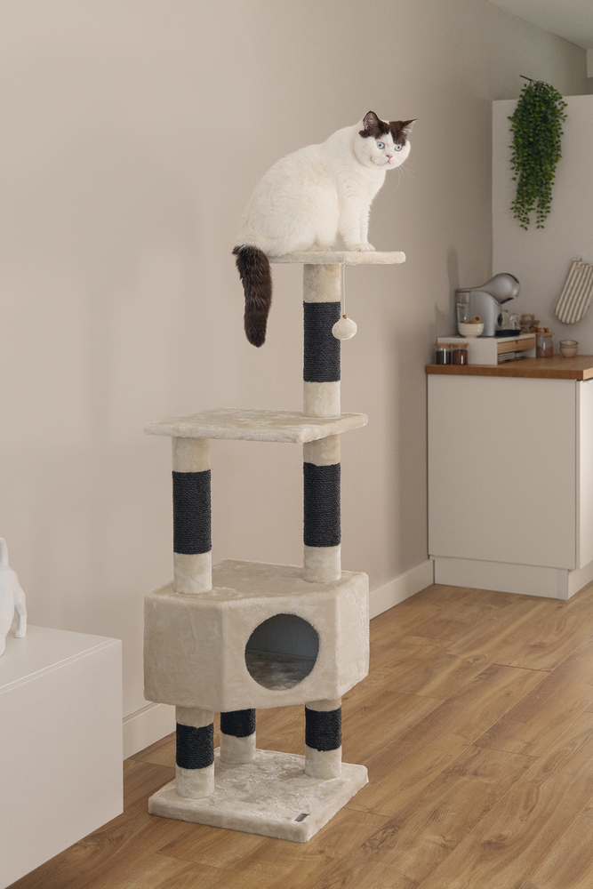 Beeztees Kedi Köşe Tırmalama ve Oyun Evi, Krem, 40x40x135cm