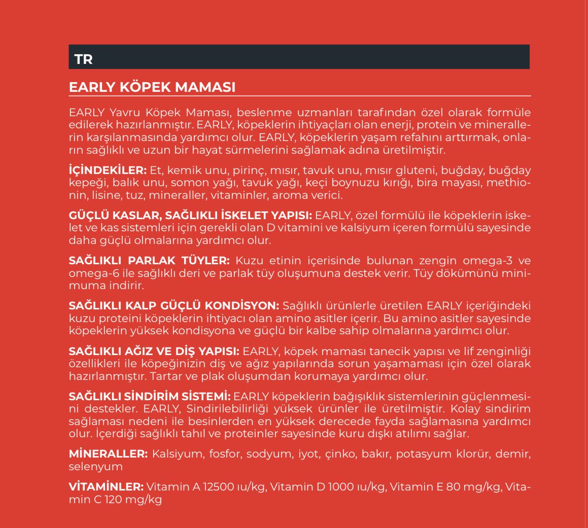 Early Yavru Kuzu Etli Köpek Maması 15 Kg Early Yavru Kuzu Etli Köpek Maması 15 Kg