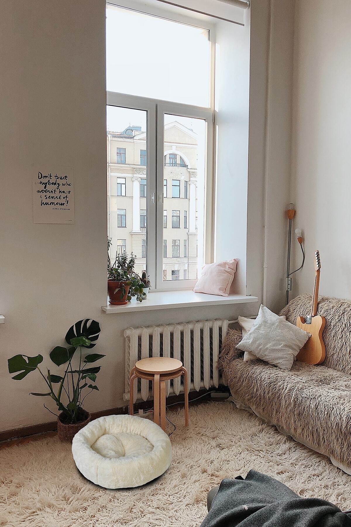 Pufy Kedi Köpek Simit Yatağı Beyaz 80x80 Cm