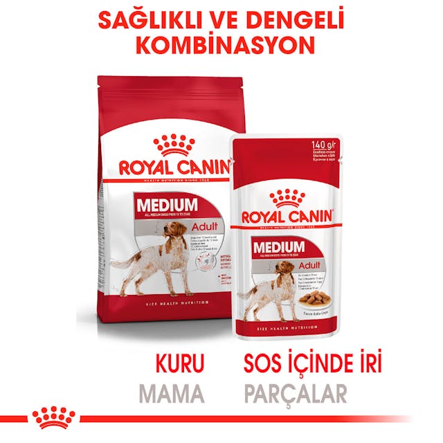 Royal Canin Medium Adult Orta Irk Yetişkin Köpekler İçin Parça Etli Konserve Yaş Mama Pouch 140 Gr