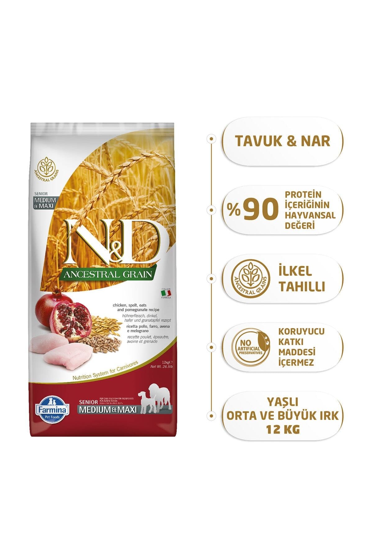 Nd Az Tahıllı Senior Tavuk & Nar Adult Med&Maxi Köpek Maması - 12 Kg