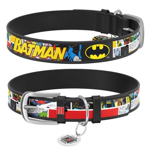 0012-1003-01 WAUDOG Design genuine leather dog collar with QR passport, "Batman1" design, W 12 mm, L 18-24 cm black