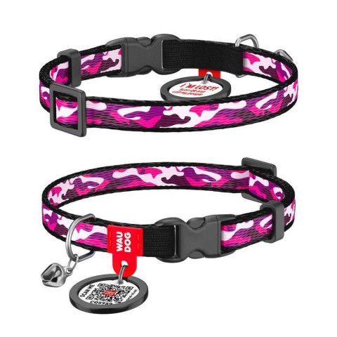 5273-WAUDOG Nylon cat collar with QR passport, "Pink camo" design, plastic fastex, W 10 mm, L 20-30 cm