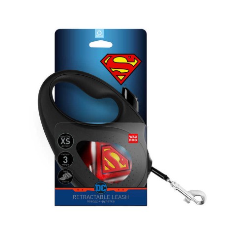 8123-1012-01 WAUDOG R-leash retracteble dog leash, "Superman logo" design, reflective tape, XS, up to 12 kg, 3 m black