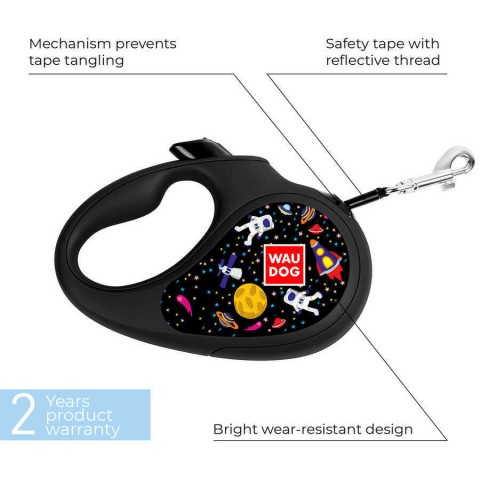 8124-0047-01 WAUDOG R-leash retracteble dog leash, "NASA" design, reflective tape, S, up to 15 kg, 5 m black