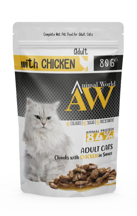 Animal World Pounch Adult Soslu Parça Tavuk Etli Yetişkin Kedi Yaş Mama 80 Gr. 24 Adet
