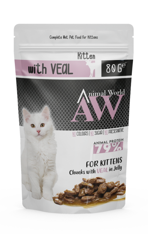 Animal World Pounch Kitten Jöleli Parça Dana Etli Yavru Kedi Yaş Mama 80 Gr. 24 Adet