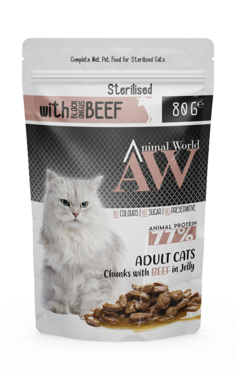 Animal World With Sterilsed Beef Biftek Etli Kısırlaştırılmış Kedi Yaş Maması 80 Gr 24 Adet