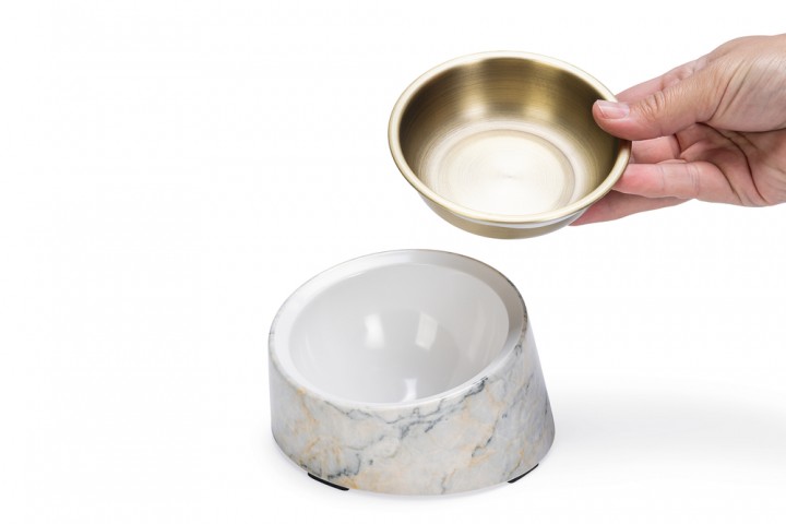 Beeztees DBL Kedi Mama Su Kabı, Paslanmaz Çelik, Bej Mermer Görünümlü, 14,5x3,3x7,6cm, 160ml