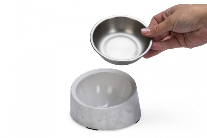Beeztees DBL Kedi Mama Su Kabı, Paslanmaz Çelik, Beyaz Mermer Görünümlü, 14,5x3,3x7,6cm, 160ml