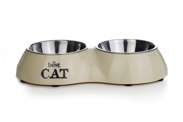 Beeztees Kedi İkili Mama ve Su Kabı, Paslanmaz Çelik, Bej, 26,5x15x4,5cm, 2x160ml
