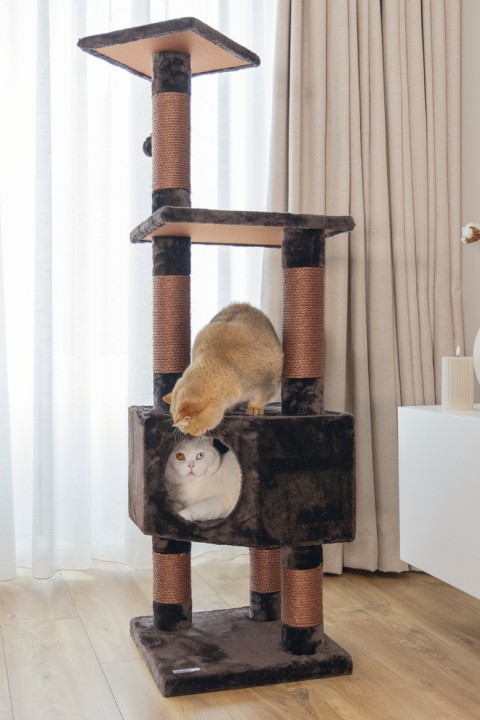 Beeztees Kedi Köşe Tırmalama ve Oyun Evi, Kahverengi, 40x40x135cm
