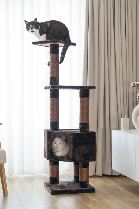 Beeztees Kedi Köşe Tırmalama ve Oyun Evi, Kahverengi, 40x40x135cm