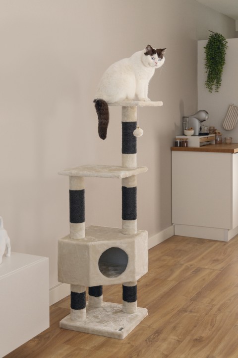 Beeztees Kedi Köşe Tırmalama ve Oyun Evi, Krem, 40x40x135cm
