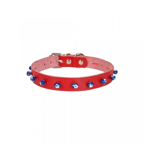 Boncuklu Deri Kedi Tasması Kırmızı 1,5X28- 32Cm