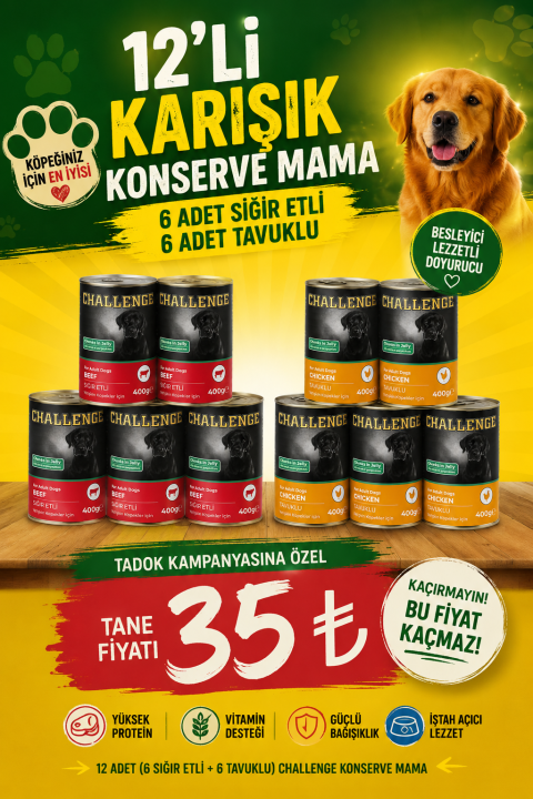 Challenge Sığır Etli ve Tavuk Etli 12'li Yetişkin Köpek Konservesi 400 gr