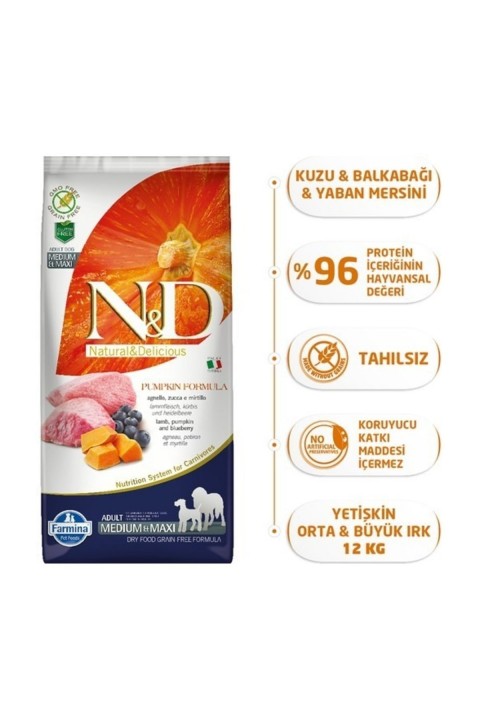 Nd Pumpkin Kuzu Etli Adult Med.Maxi Tahılsız Köpek Maması - 12 Kg