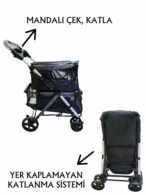 Tommy İki Katlı Evcil Hayvan Arabası 85x51x100cm Siyah Max 10+10 Kg